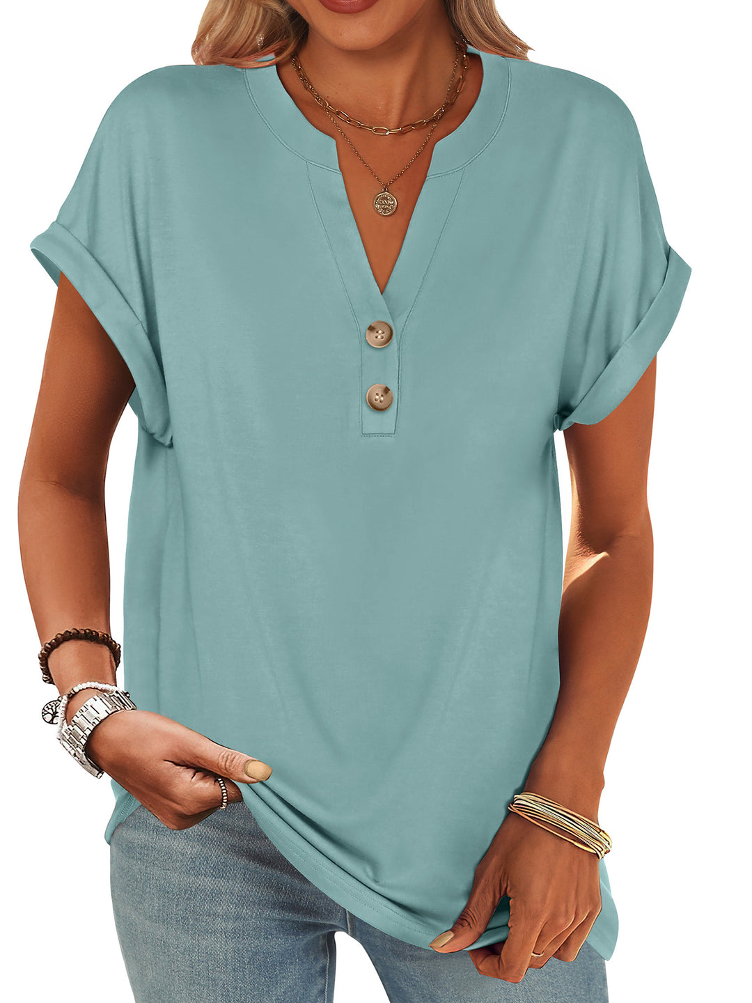 ANRABESS Women's Short Sleeve V-Neck Henley Top