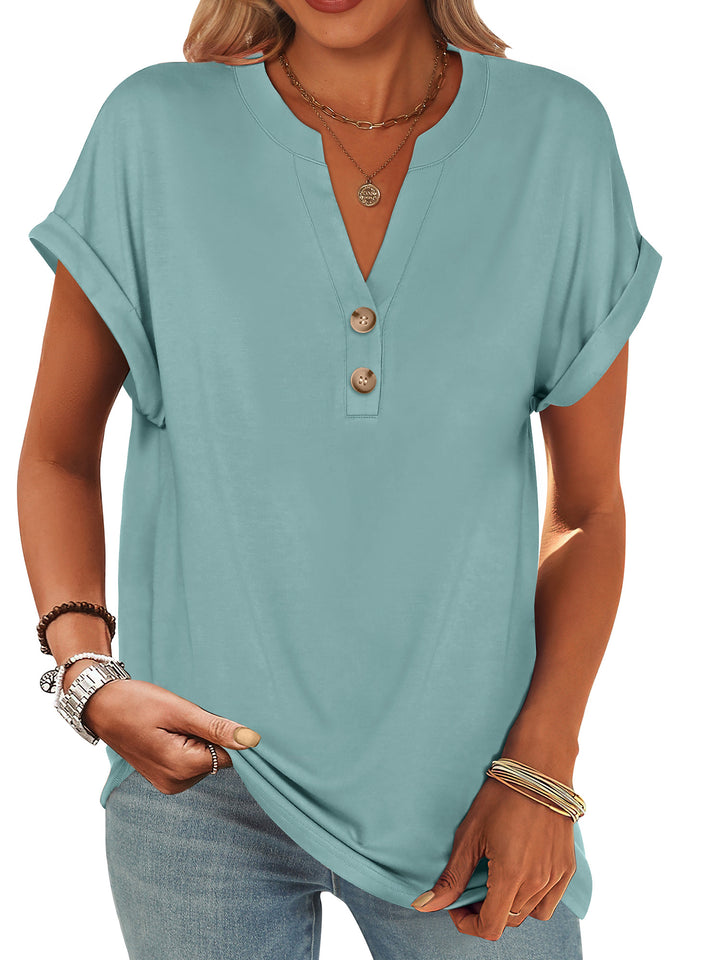 ANRABESS Women's Short Sleeve V-Neck Henley Top