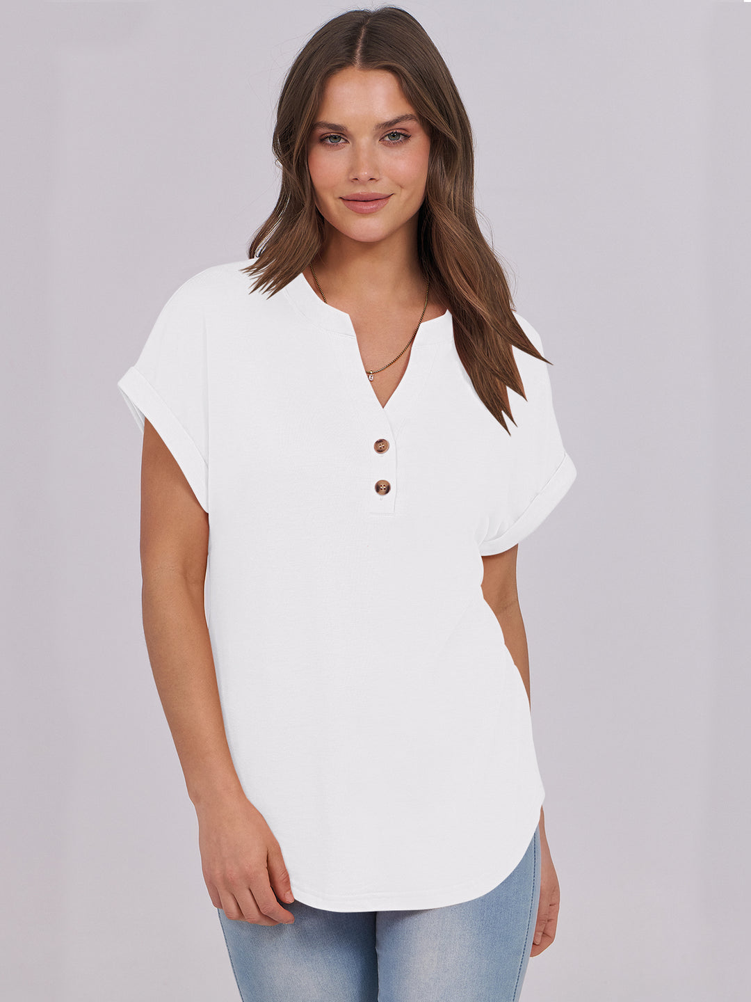 ANRABESS Women's Short Sleeve V-Neck Henley Top