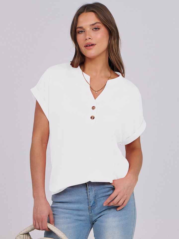 ANRABESS Women's Short Sleeve V-Neck Henley Top