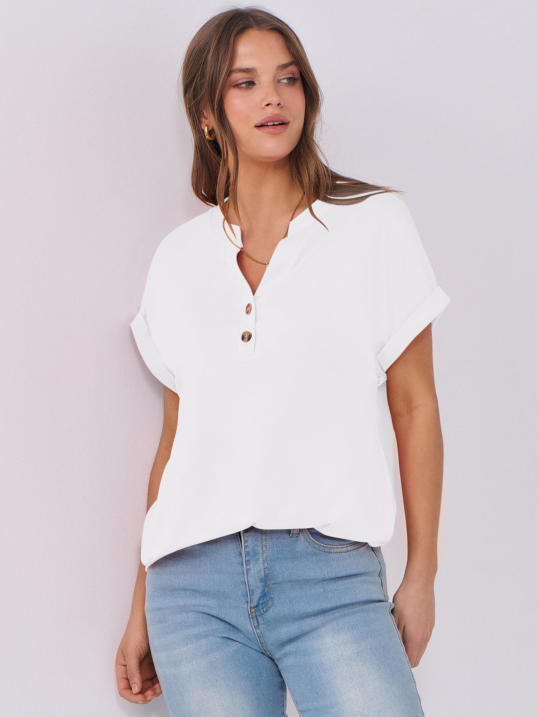 ANRABESS Women's Short Sleeve V-Neck Henley Top