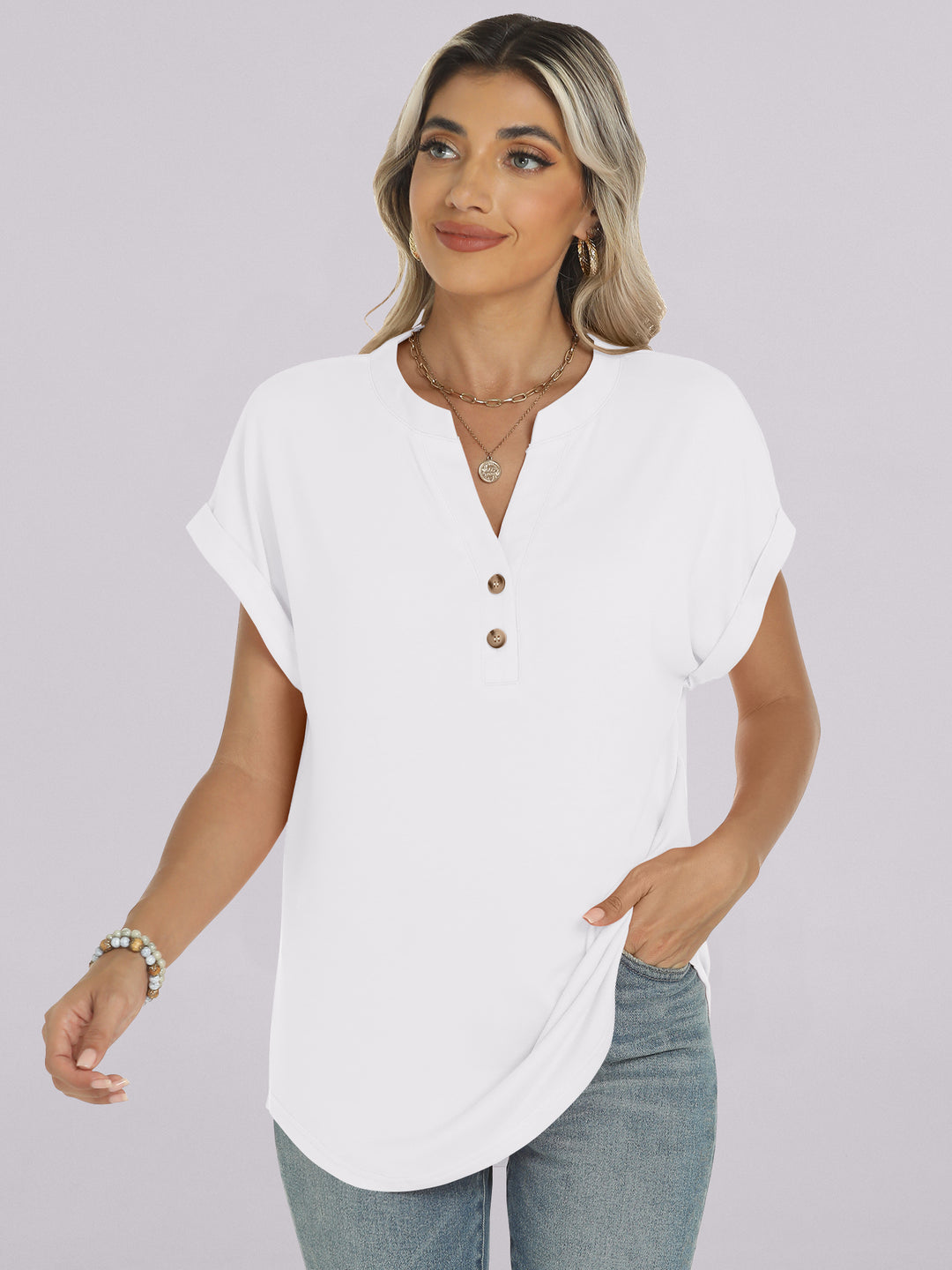 ANRABESS Women's Short Sleeve V-Neck Henley Top