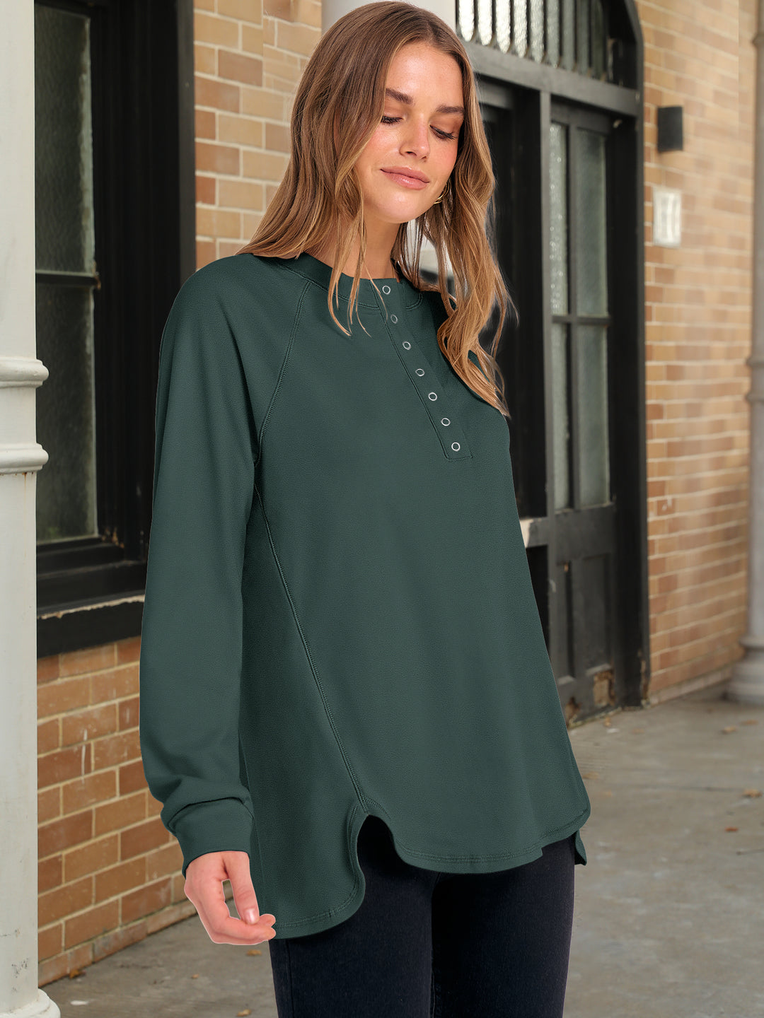 ANRABESS Women's Long Sleeve Henley Tops Tunic Sweatshirt Loose Slit Casual Button Shirts Pullover 2025 Fall Winter Outfits