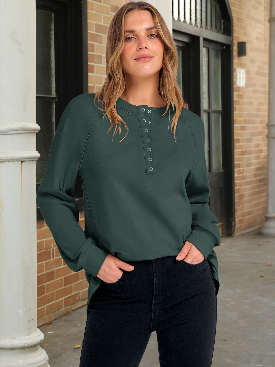 ANRABESS Women's Long Sleeve Henley Tops Tunic Sweatshirt Loose Slit Casual Button Shirts Pullover 2025 Fall Winter Outfits