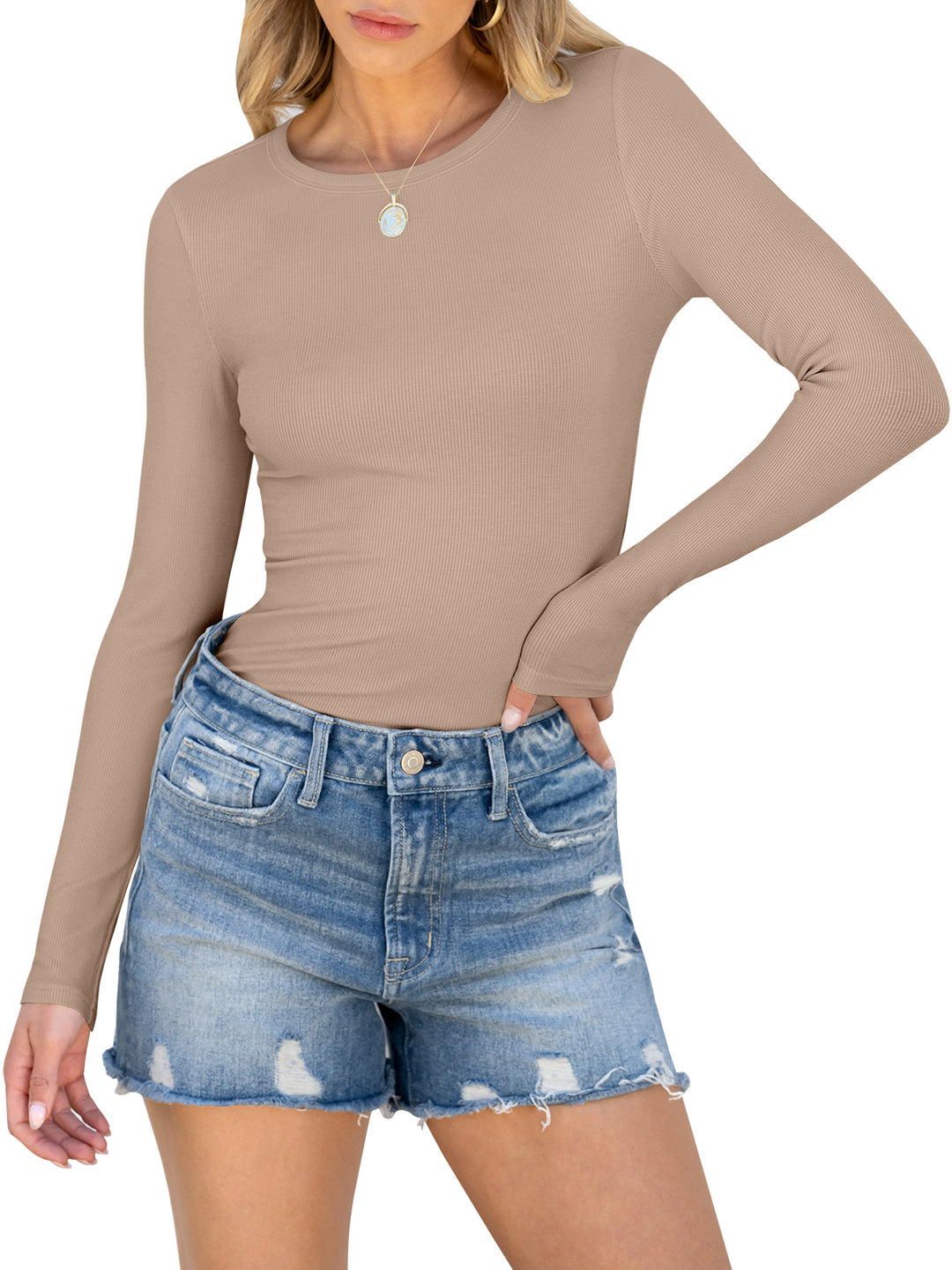 ANRABESS Women's Long Sleeve Rib-Knit Shirt