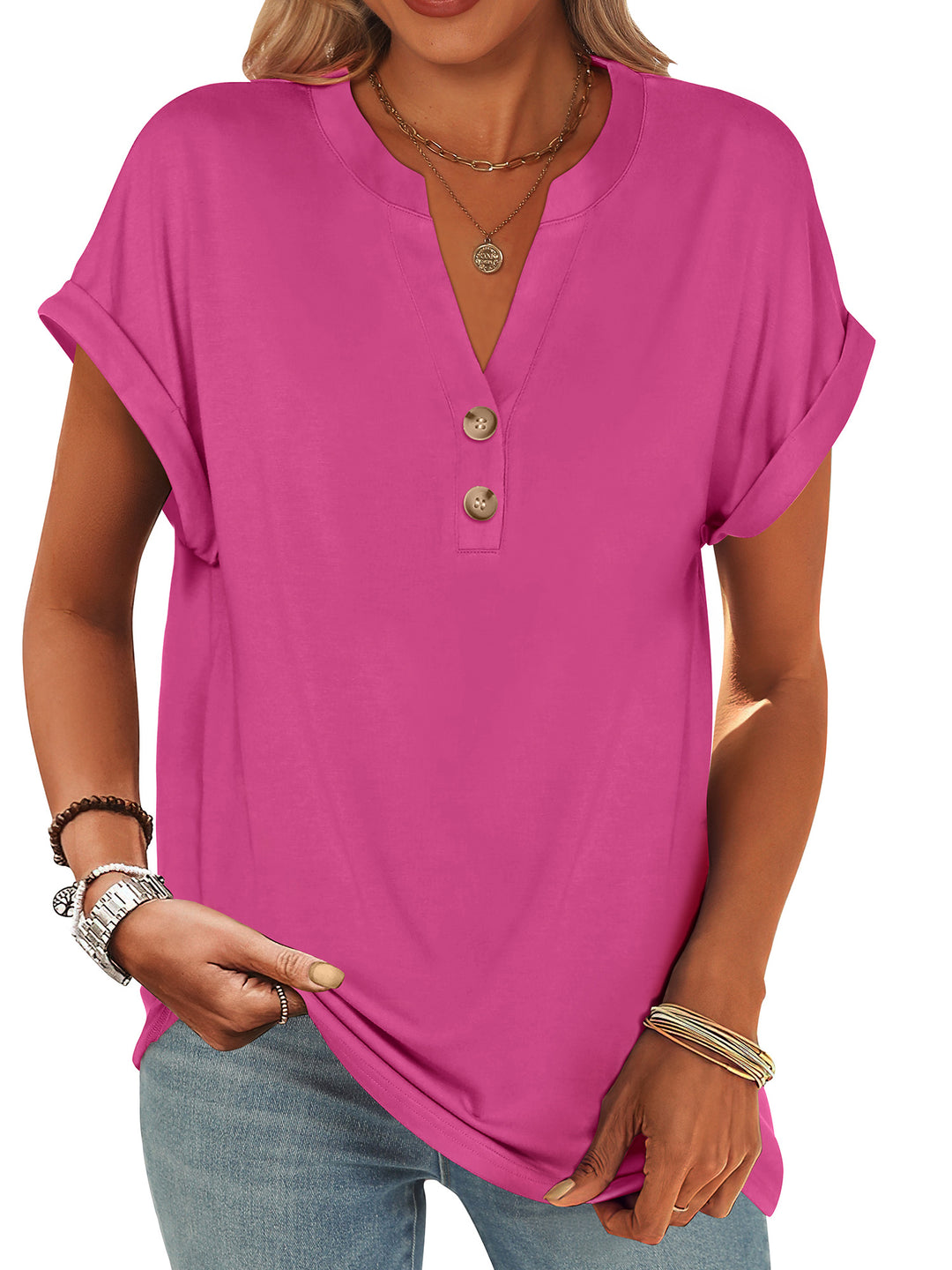 ANRABESS Women's Short Sleeve V-Neck Henley Top