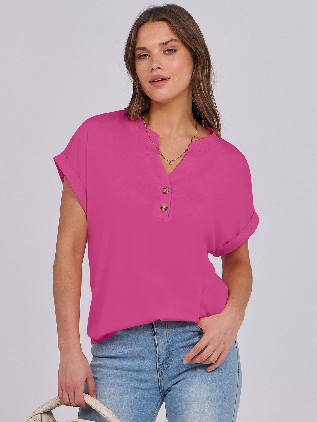ANRABESS Women's Short Sleeve V-Neck Henley Top