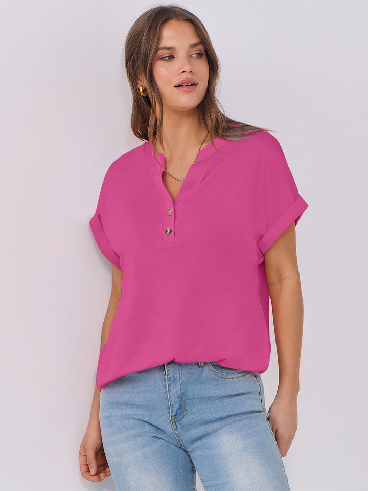 ANRABESS Women's Short Sleeve V-Neck Henley Top