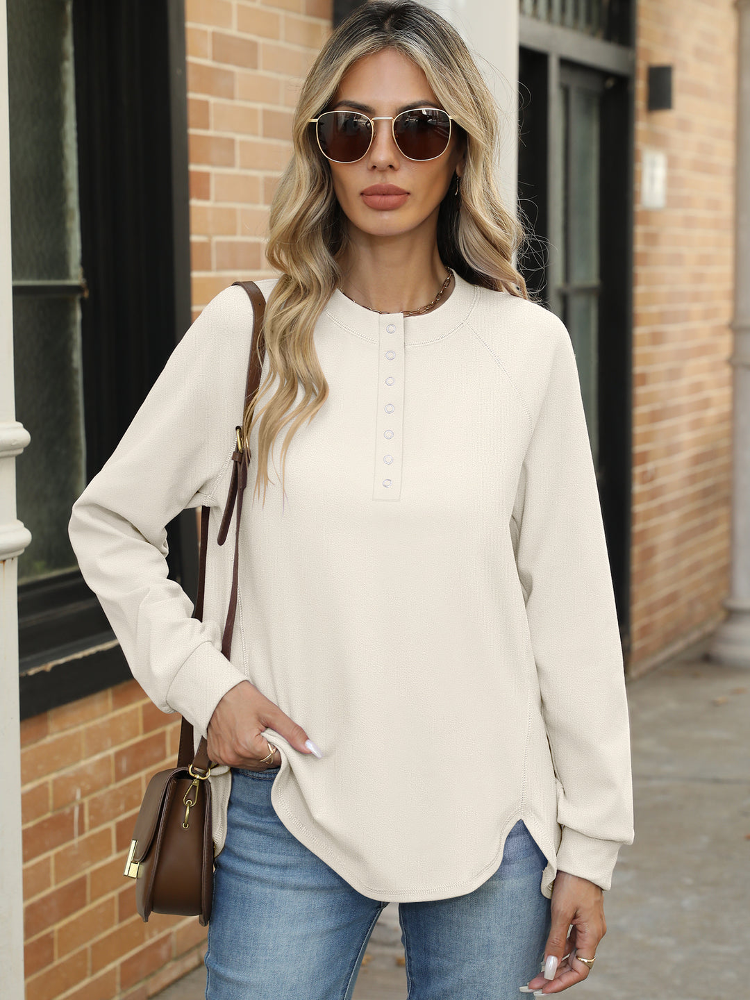 ANRABESS Women's Long Sleeve Henley Tops Tunic Sweatshirt Loose Slit Casual Button Shirts Pullover 2025 Fall Winter Outfits