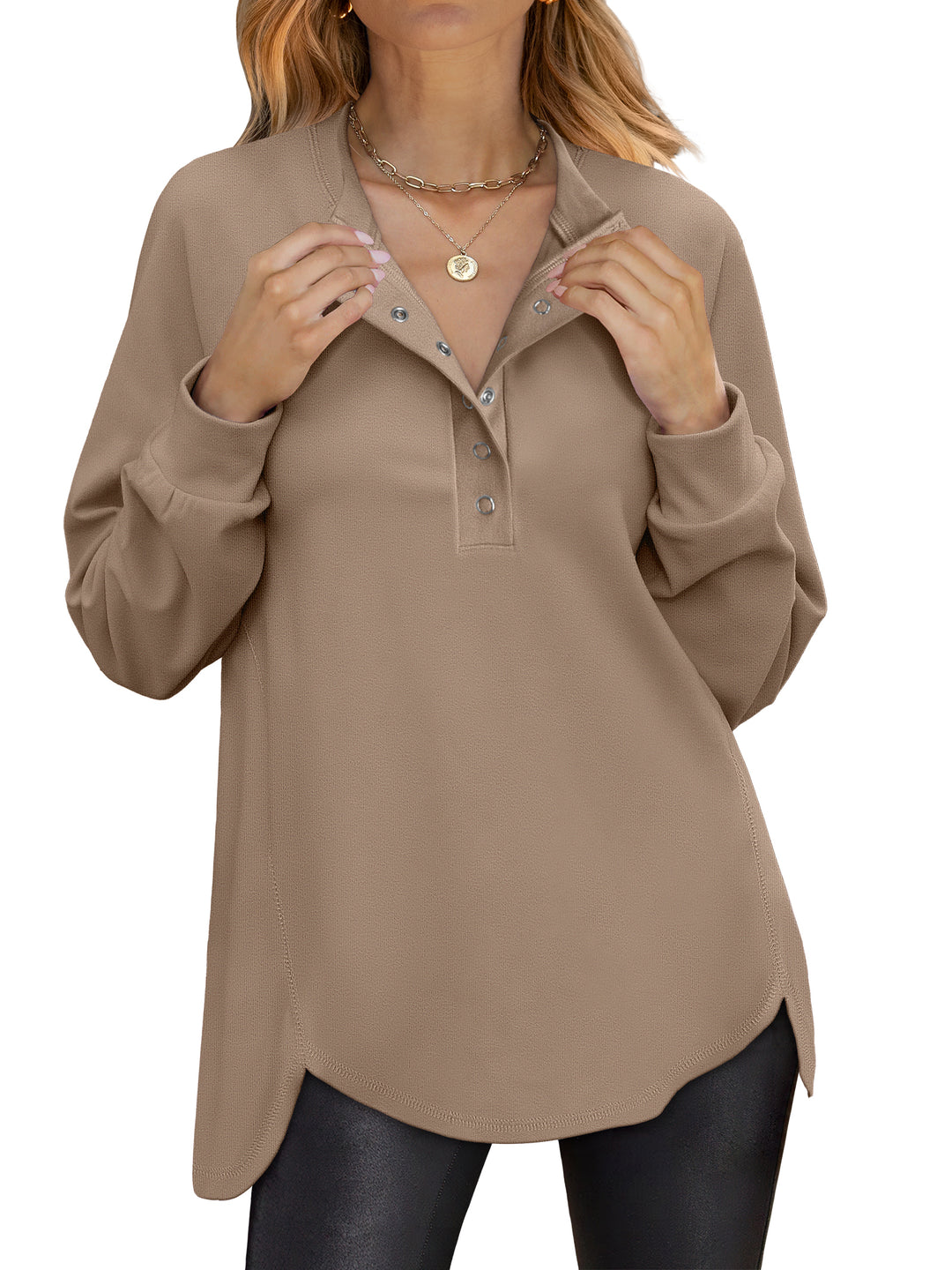 ANRABESS Women's Long Sleeve Henley Tops Tunic Sweatshirt Loose Slit Casual Button Shirts Pullover 2025 Fall Winter Outfits