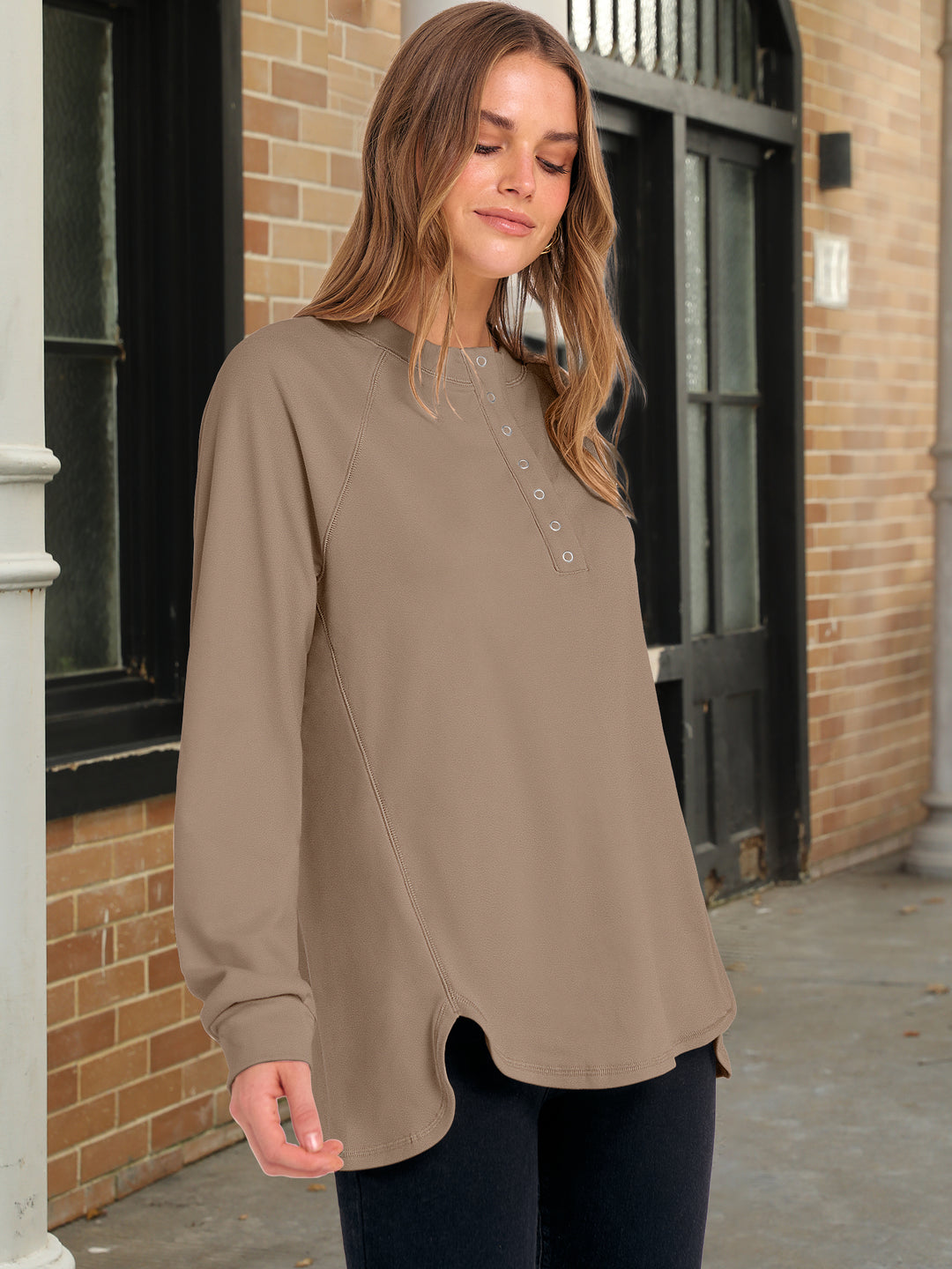 ANRABESS Women's Long Sleeve Henley Tops Tunic Sweatshirt Loose Slit Casual Button Shirts Pullover 2025 Fall Winter Outfits