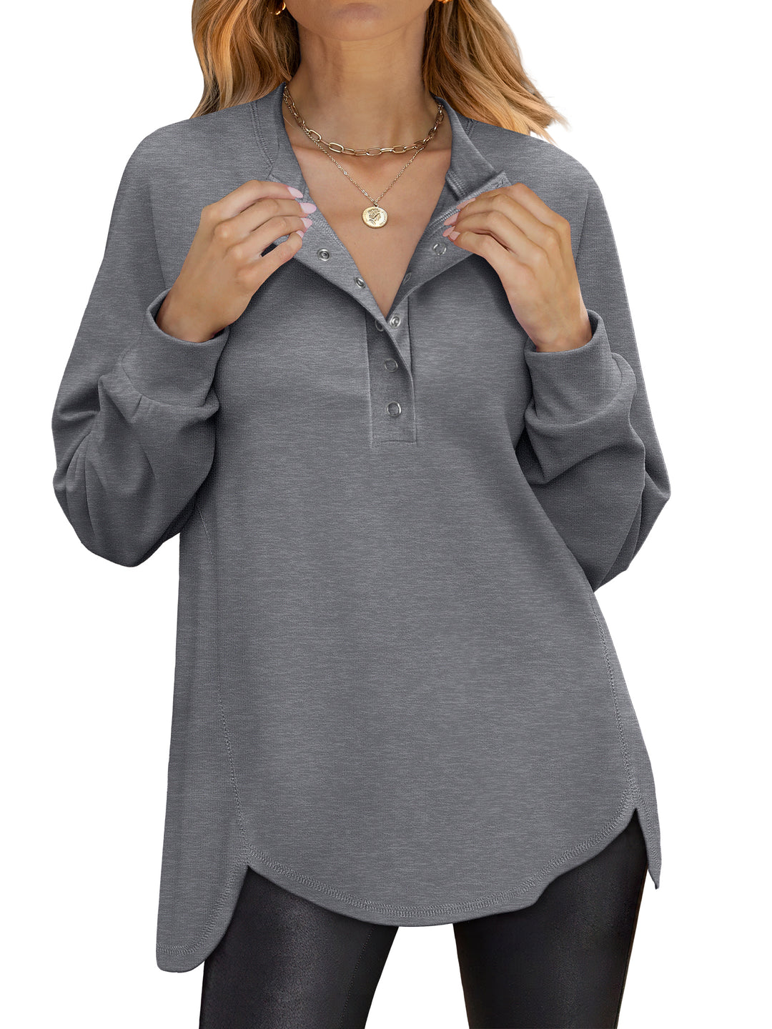 ANRABESS Women's Long Sleeve Henley Tops Tunic Sweatshirt Loose Slit Casual Button Shirts Pullover 2025 Fall Winter Outfits