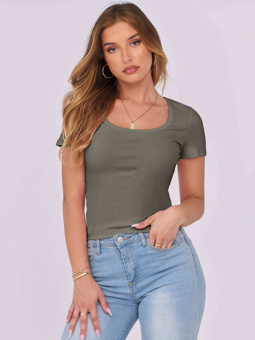 ANRABESS Women's Ribbed Scoop Neck Slim Fit Tee