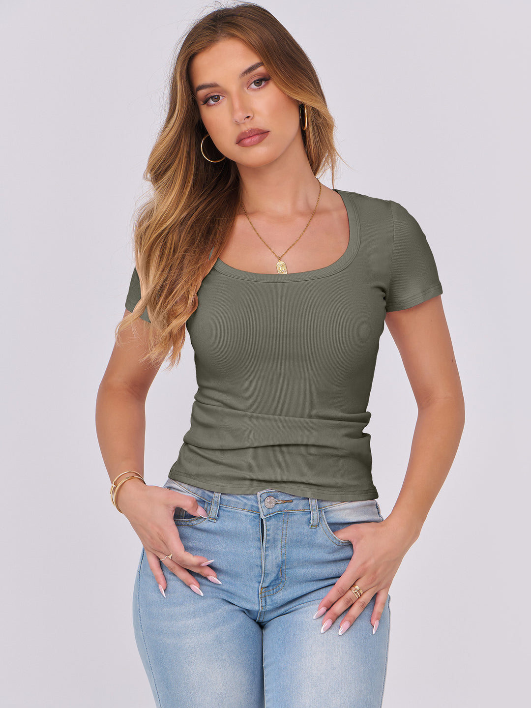 ANRABESS Women's Ribbed Scoop Neck Slim Fit Tee