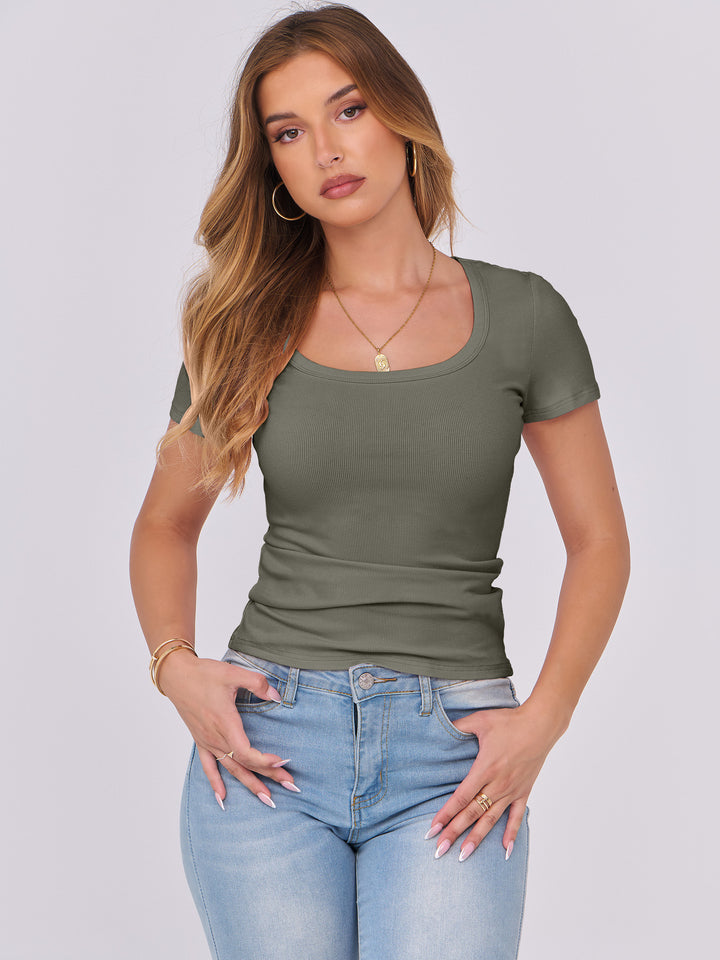 ANRABESS Women's Ribbed Scoop Neck Slim Fit Tee