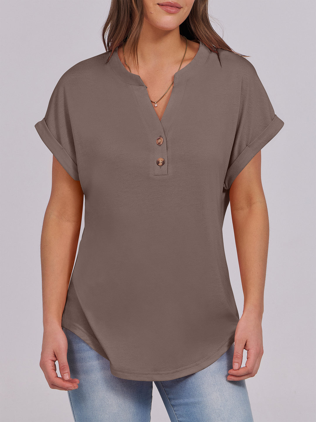 ANRABESS Women's Short Sleeve V-Neck Henley Top