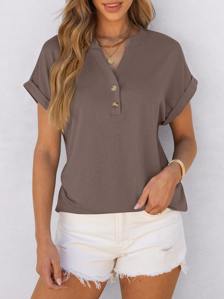 ANRABESS Women's Short Sleeve V-Neck Henley Top