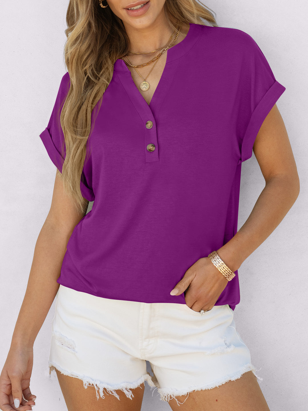 ANRABESS Women's Short Sleeve V-Neck Henley Top