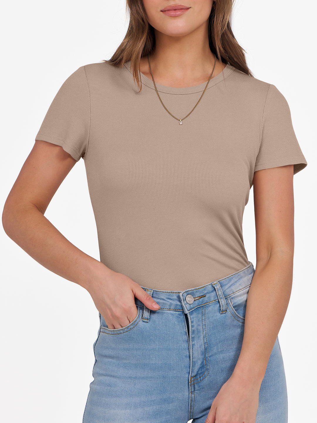 ANRABESS Women's Ribbed Crewneck Slim Fit Tee