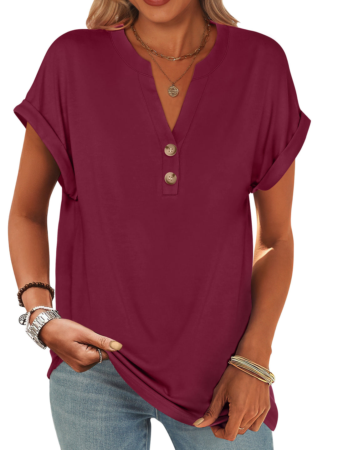 ANRABESS Women's Short Sleeve V-Neck Henley Top