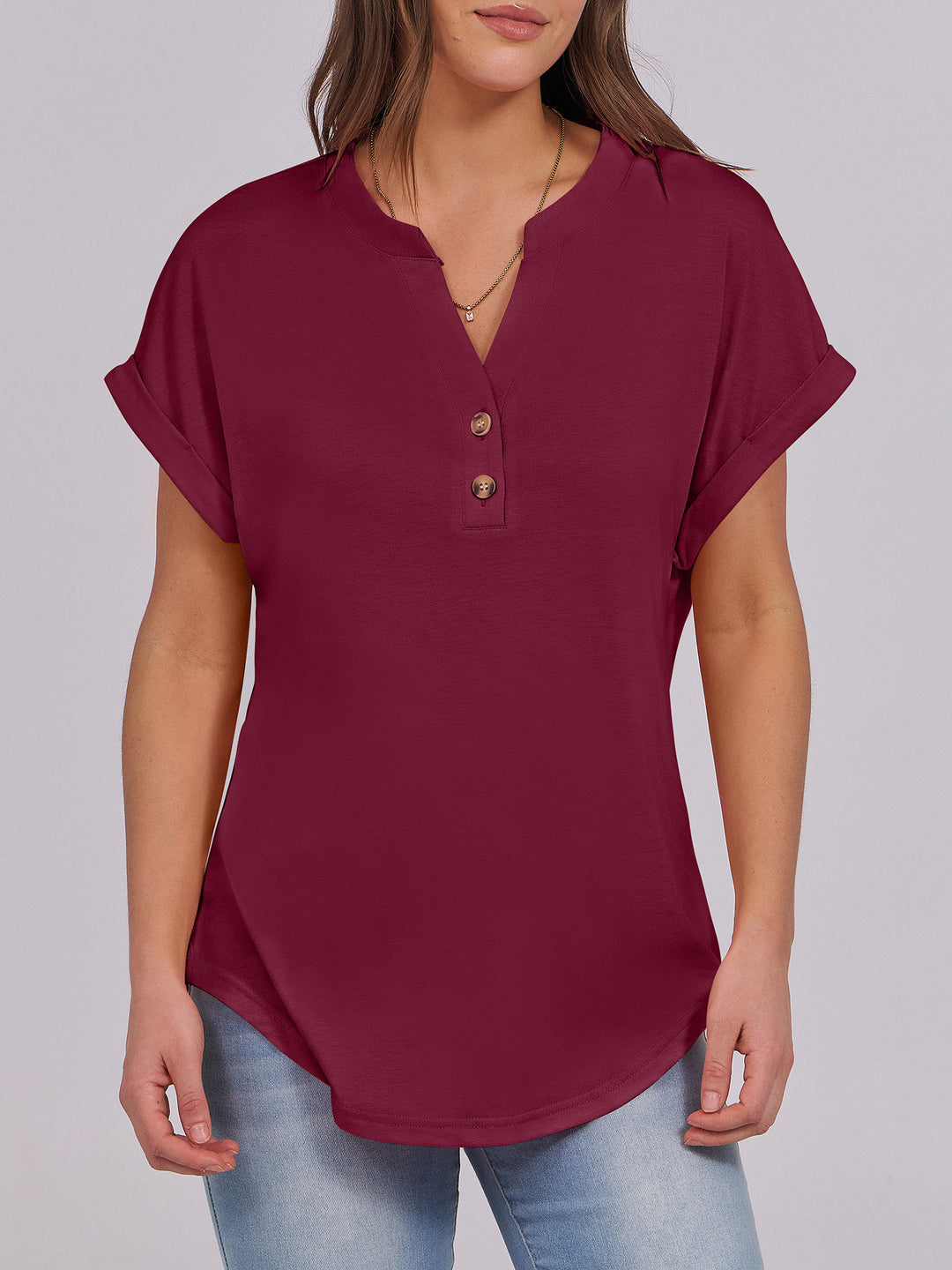 ANRABESS Women's Short Sleeve V-Neck Henley Top