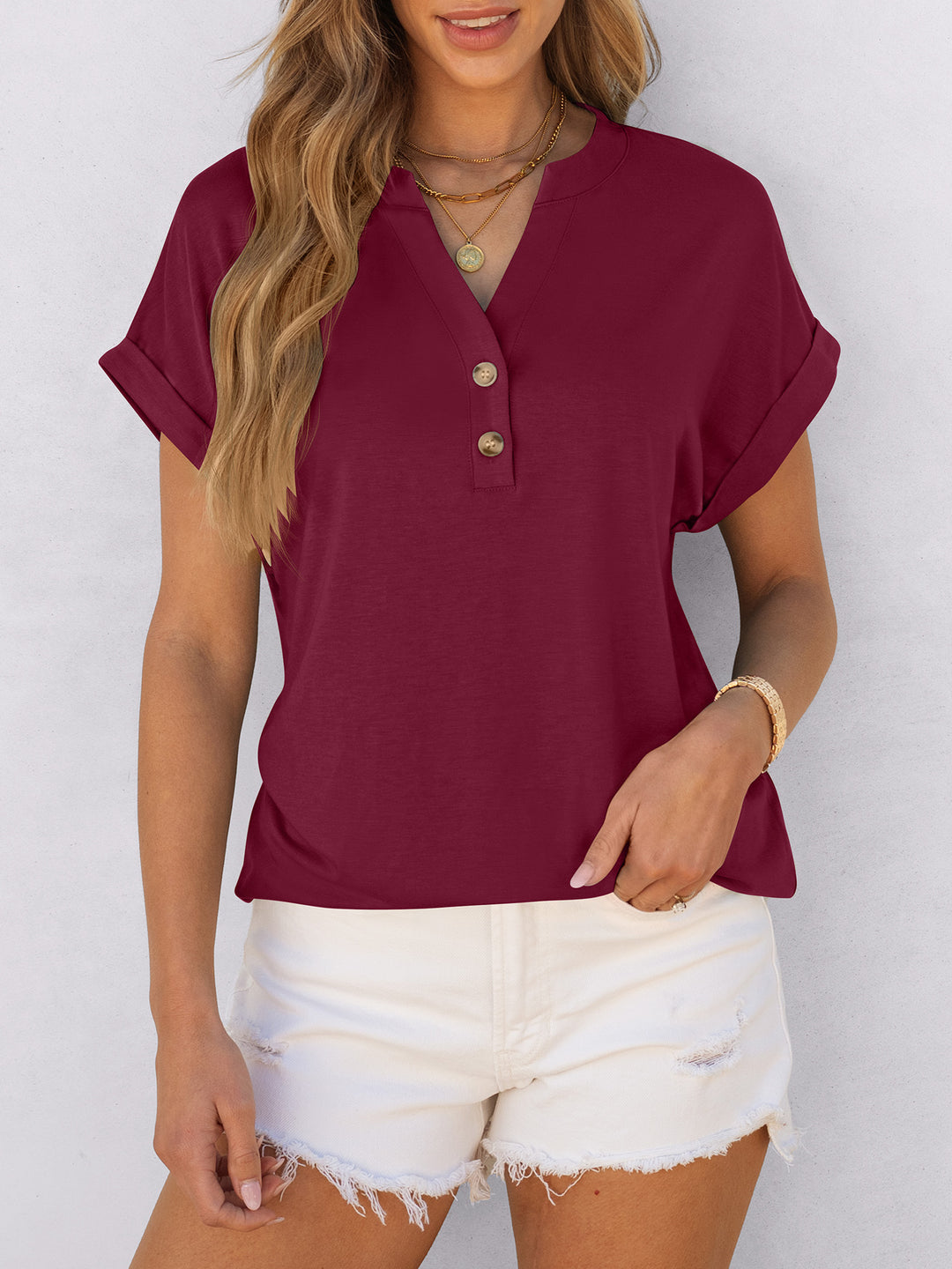 ANRABESS Women's Short Sleeve V-Neck Henley Top