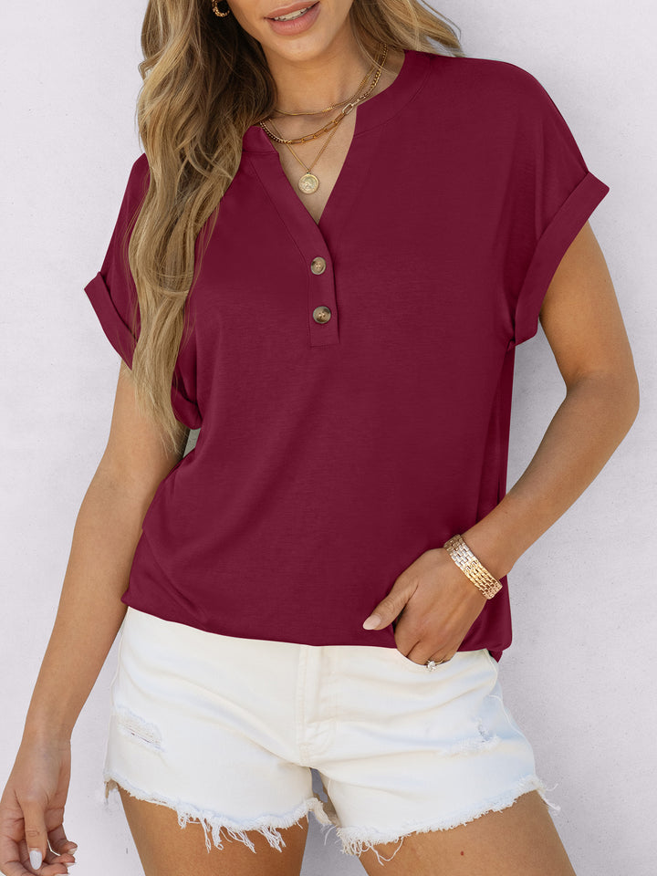 ANRABESS Women's Short Sleeve V-Neck Henley Top