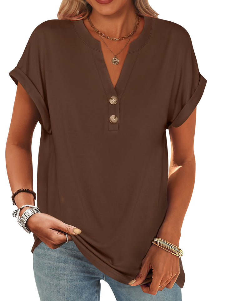 ANRABESS Women's Short Sleeve V-Neck Henley Top