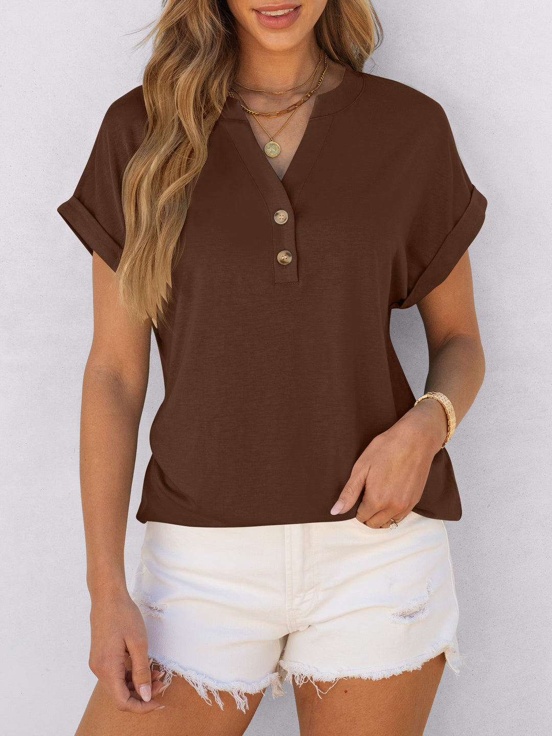 ANRABESS Women's Short Sleeve V-Neck Henley Top