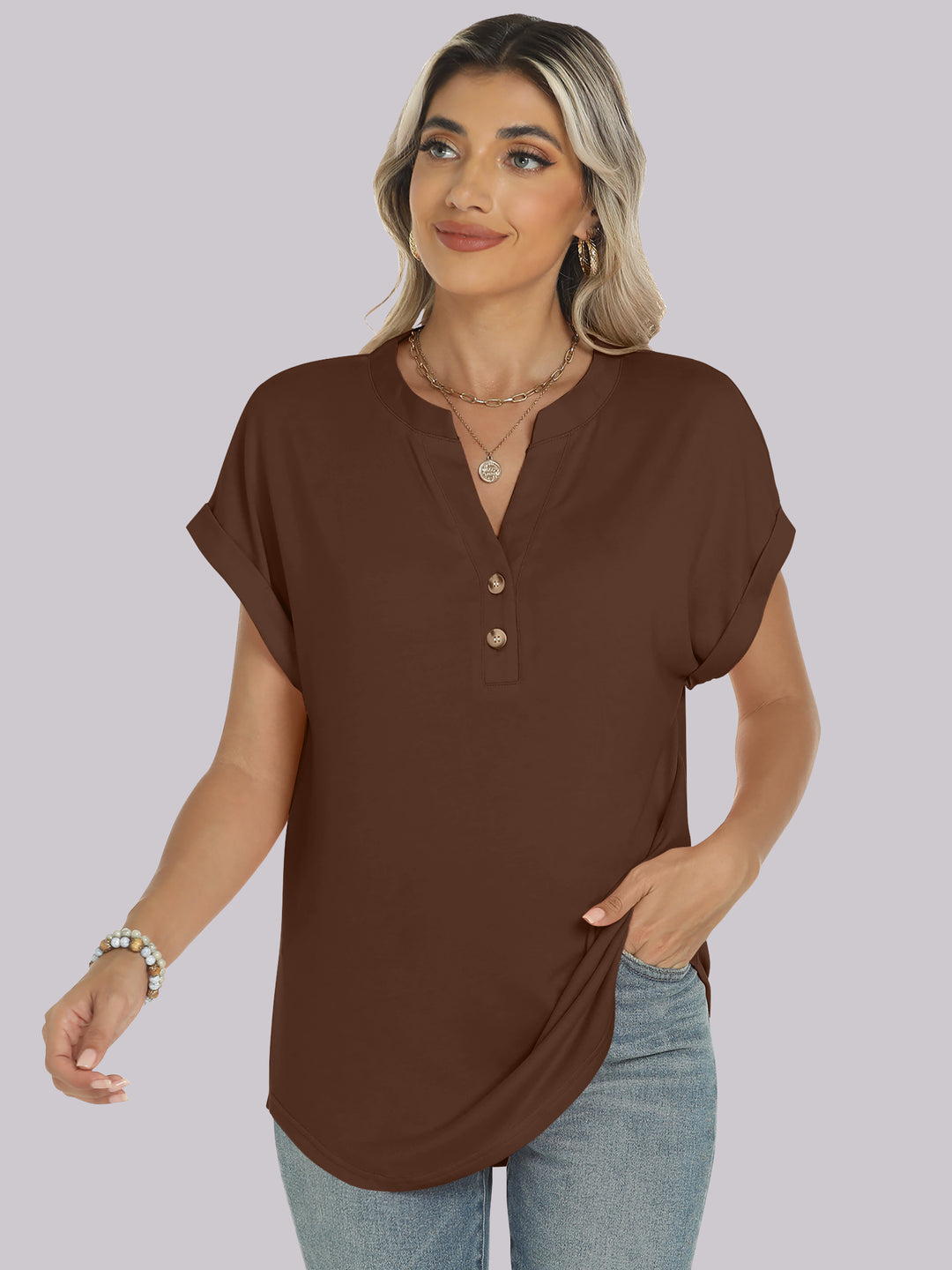 ANRABESS Women's Short Sleeve V-Neck Henley Top