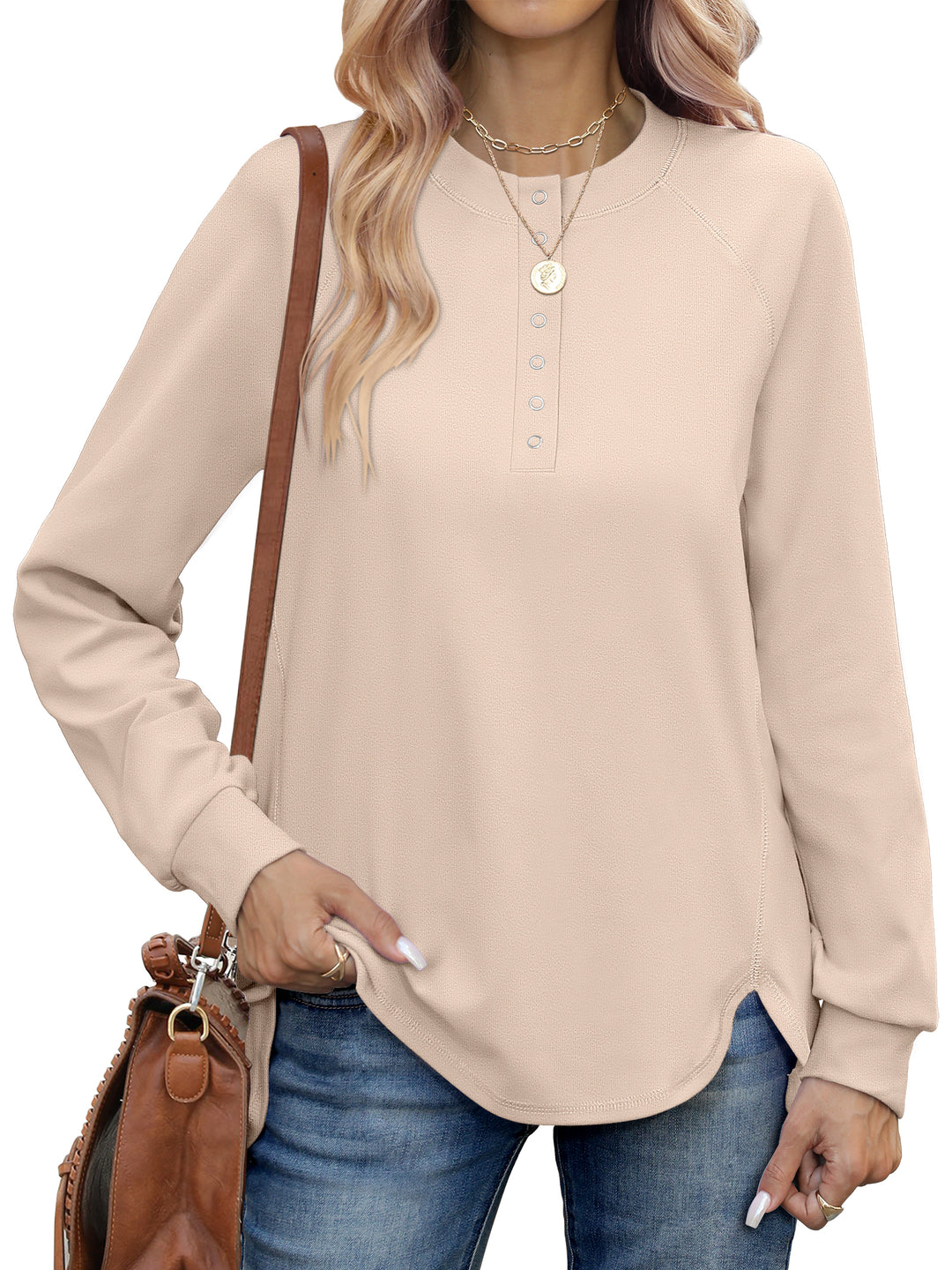 ANRABESS Women's Long Sleeve Henley Tops Tunic Sweatshirt Loose Slit Casual Button Shirts Pullover 2025 Fall Winter Outfits