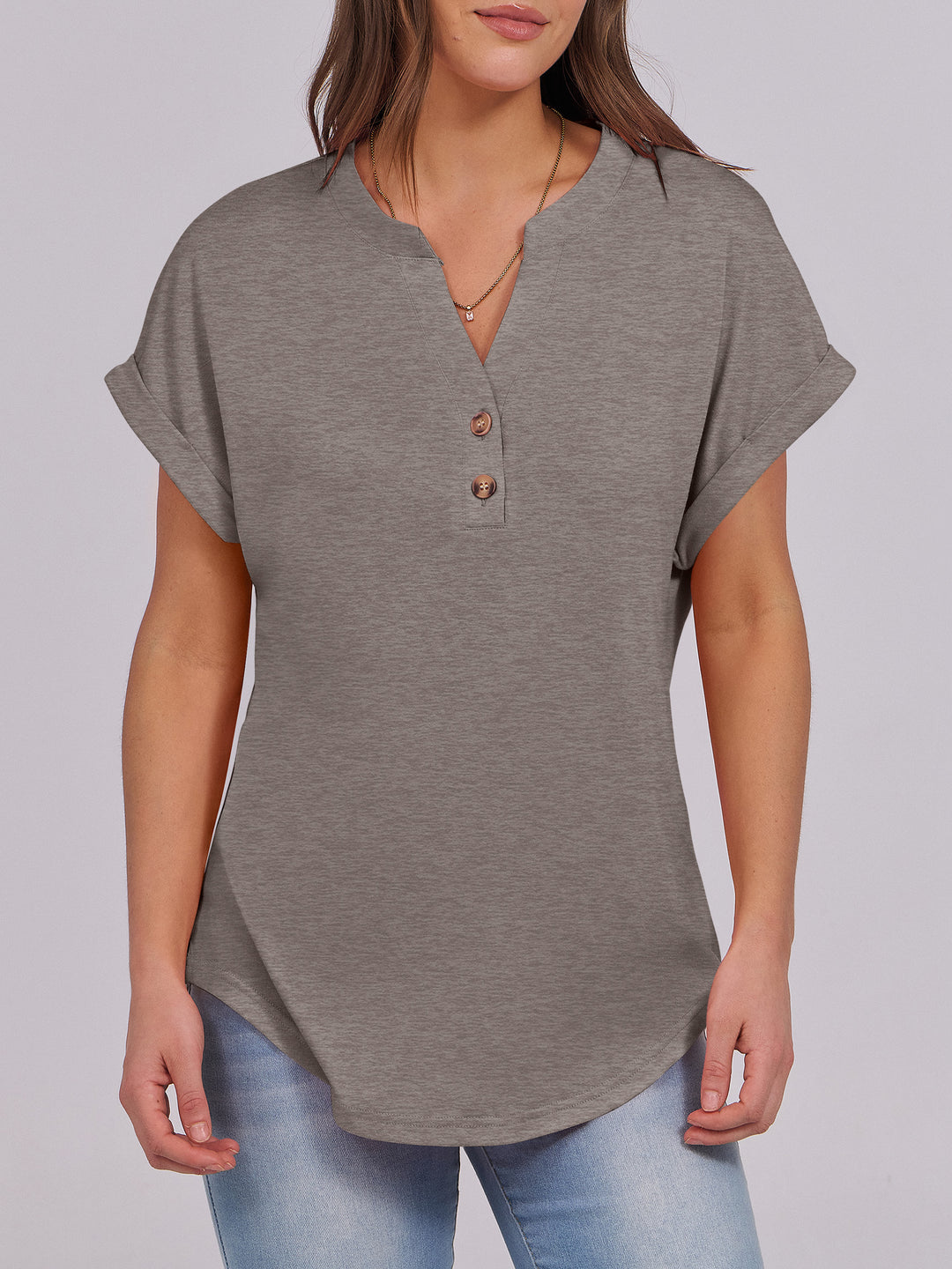 ANRABESS Women's Short Sleeve V-Neck Henley Top