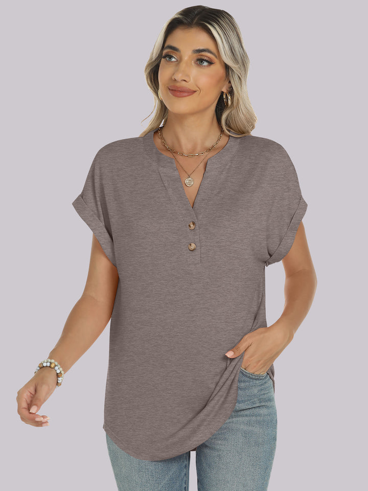 ANRABESS Women's Short Sleeve V-Neck Henley Top