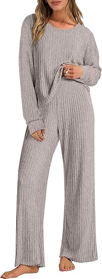 ANRABESS Women 2 Piece Lounge Pajamas Sets Casual Ribbed Knit Long Sleeve Top Pants Matching Set 2026 Fall Outfits Clothes