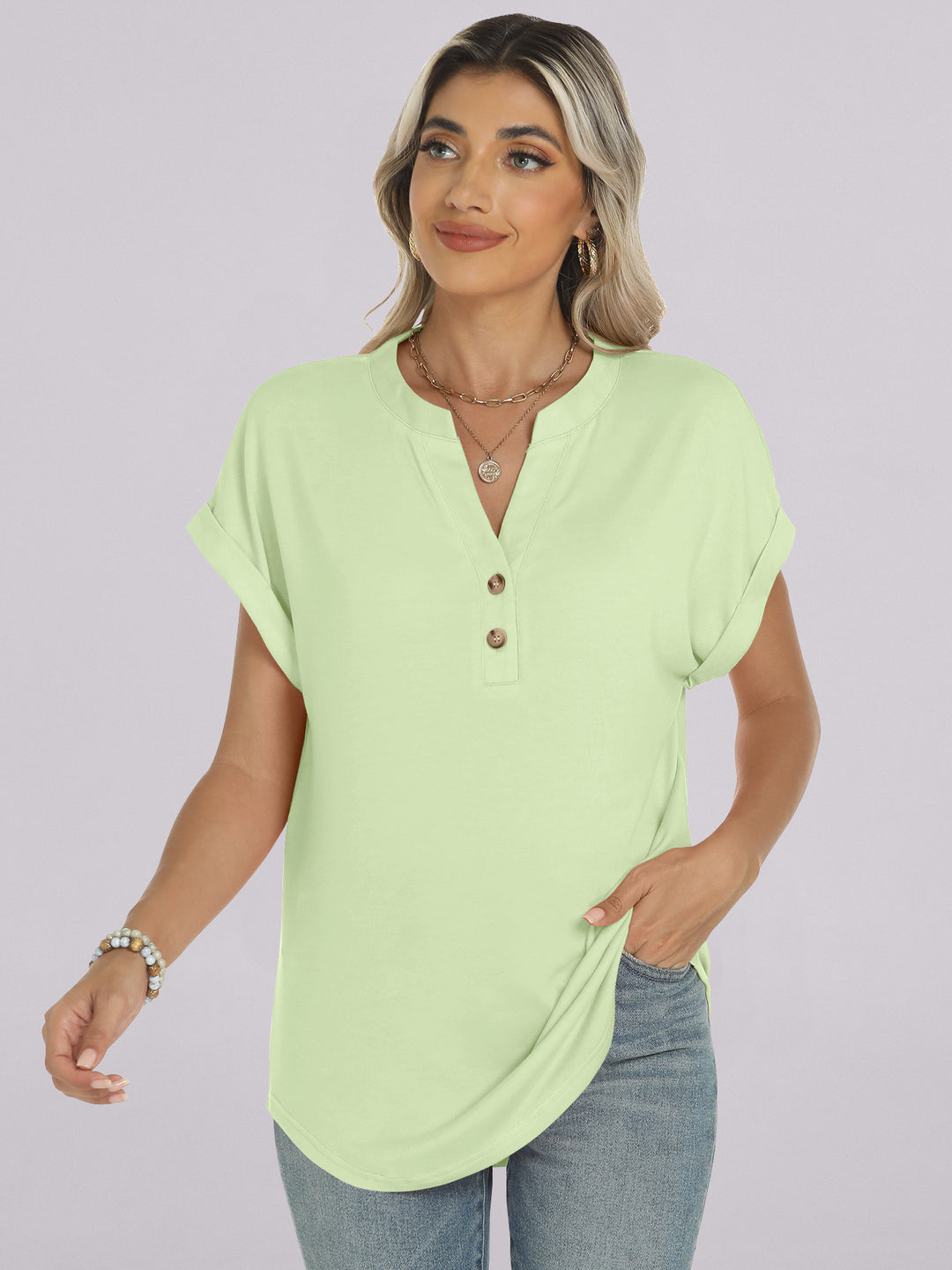ANRABESS Women's Short Sleeve V-Neck Henley Top