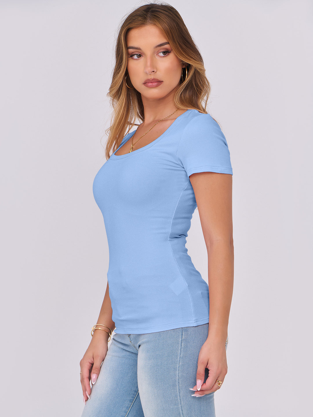 ANRABESS Women's Ribbed Scoop Neck Slim Fit Tee