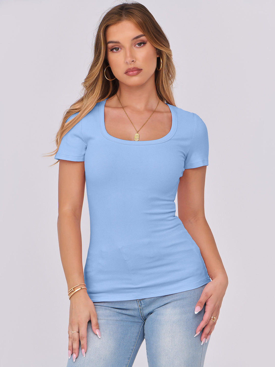 ANRABESS Women's Ribbed Scoop Neck Slim Fit Tee
