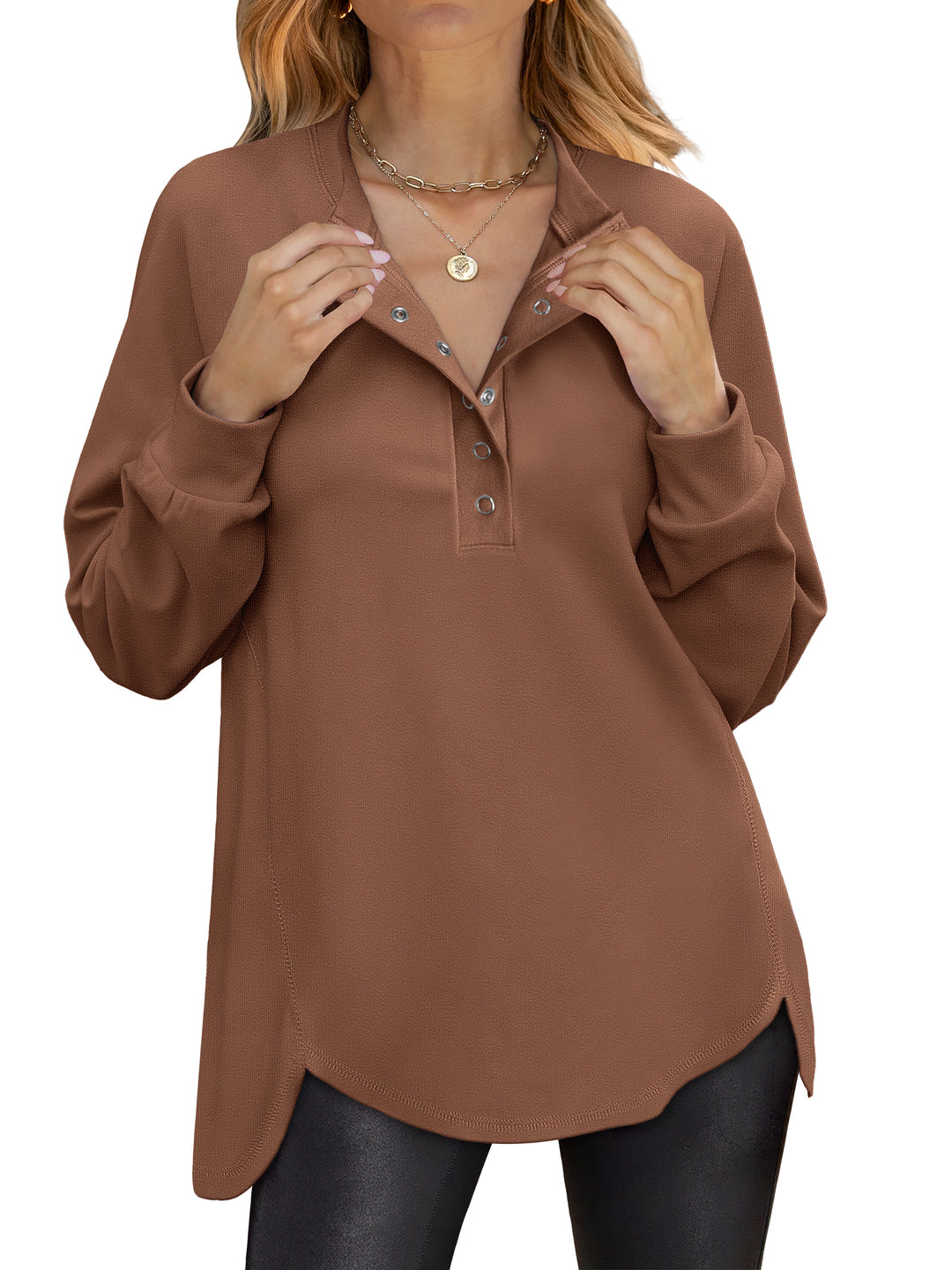 ANRABESS Women's Long Sleeve Henley Tops Tunic Sweatshirt Loose Slit Casual Button Shirts Pullover 2025 Fall Winter Outfits