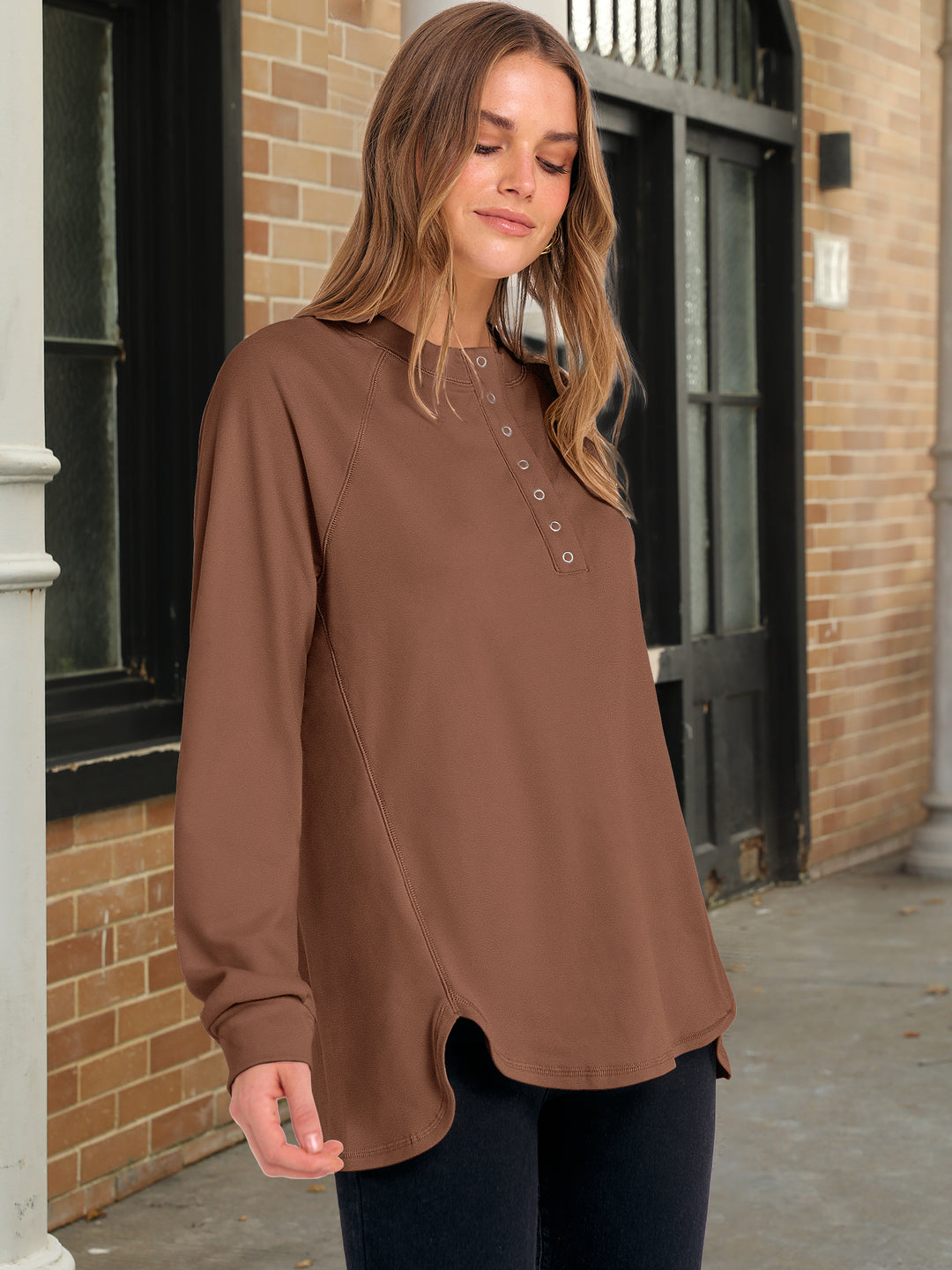 ANRABESS Women's Long Sleeve Henley Tops Tunic Sweatshirt Loose Slit Casual Button Shirts Pullover 2025 Fall Winter Outfits