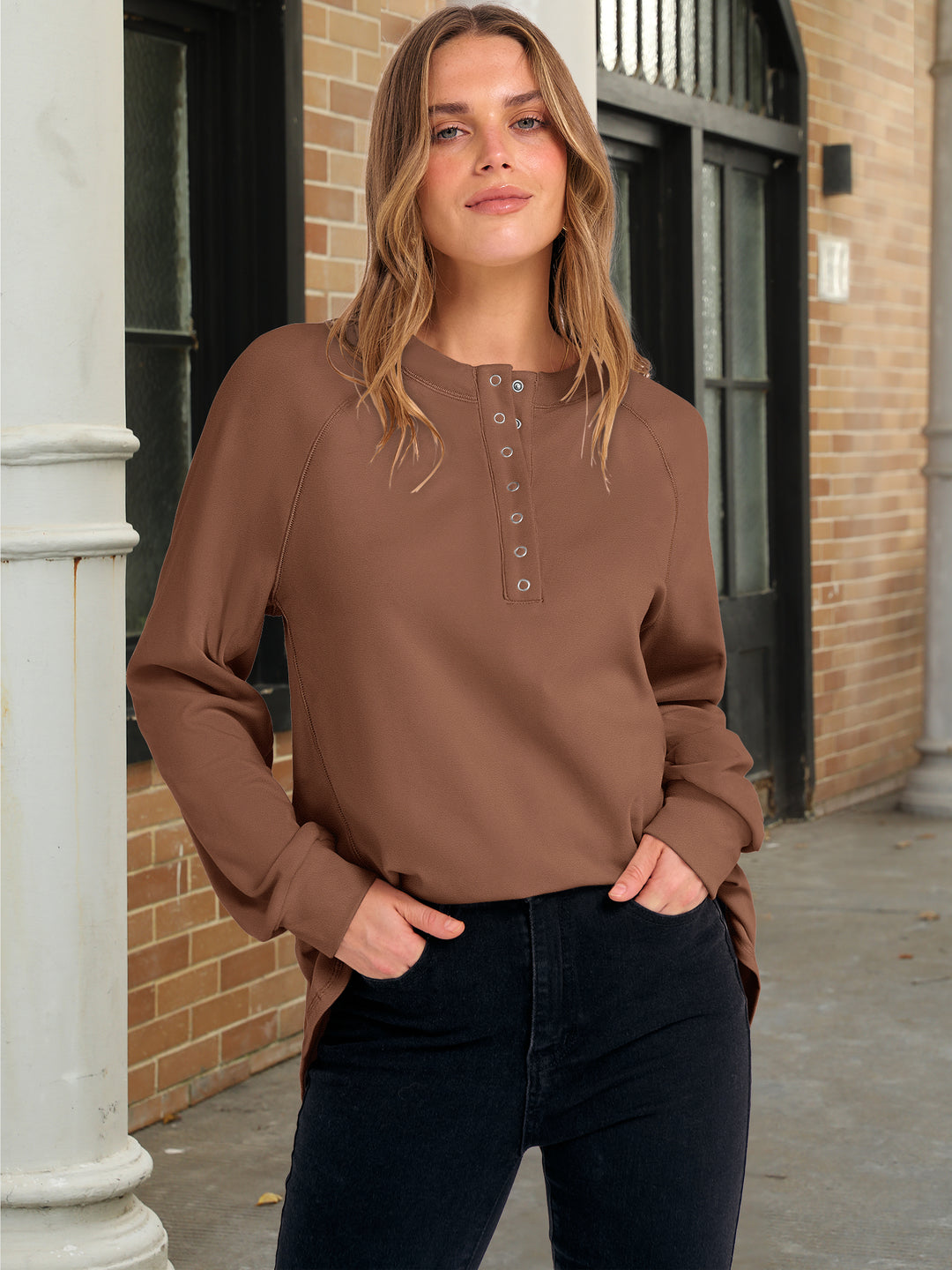 ANRABESS Women's Long Sleeve Henley Tops Tunic Sweatshirt Loose Slit Casual Button Shirts Pullover 2025 Fall Winter Outfits