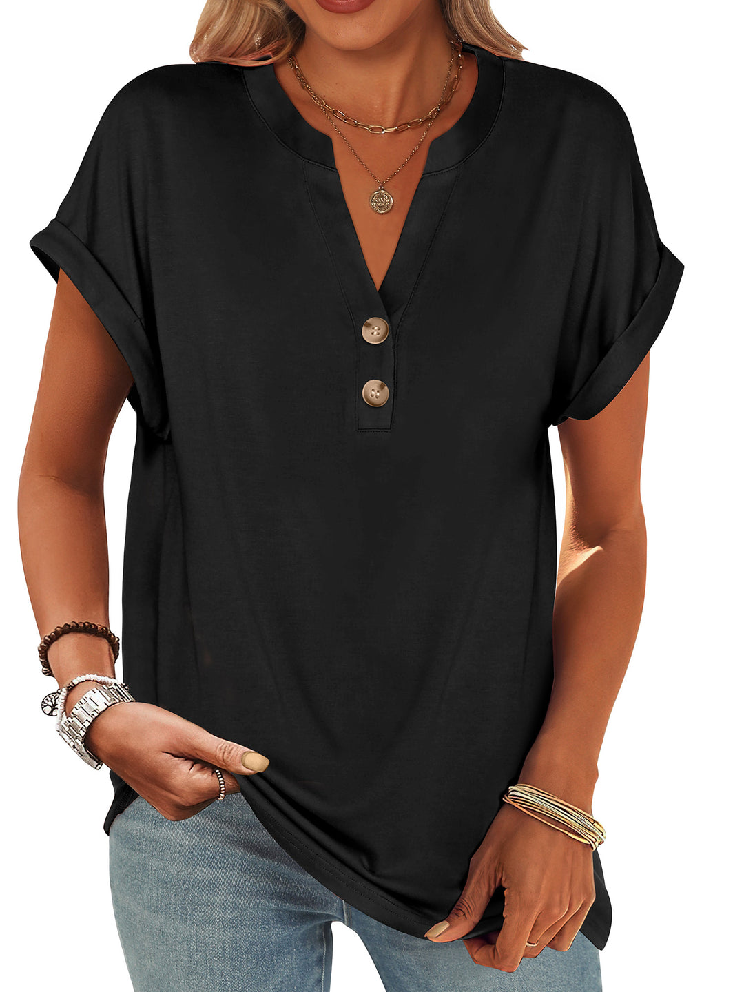 ANRABESS Women's Short Sleeve V-Neck Henley Top