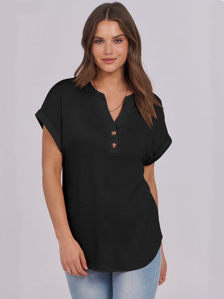 ANRABESS Women's Short Sleeve V-Neck Henley Top