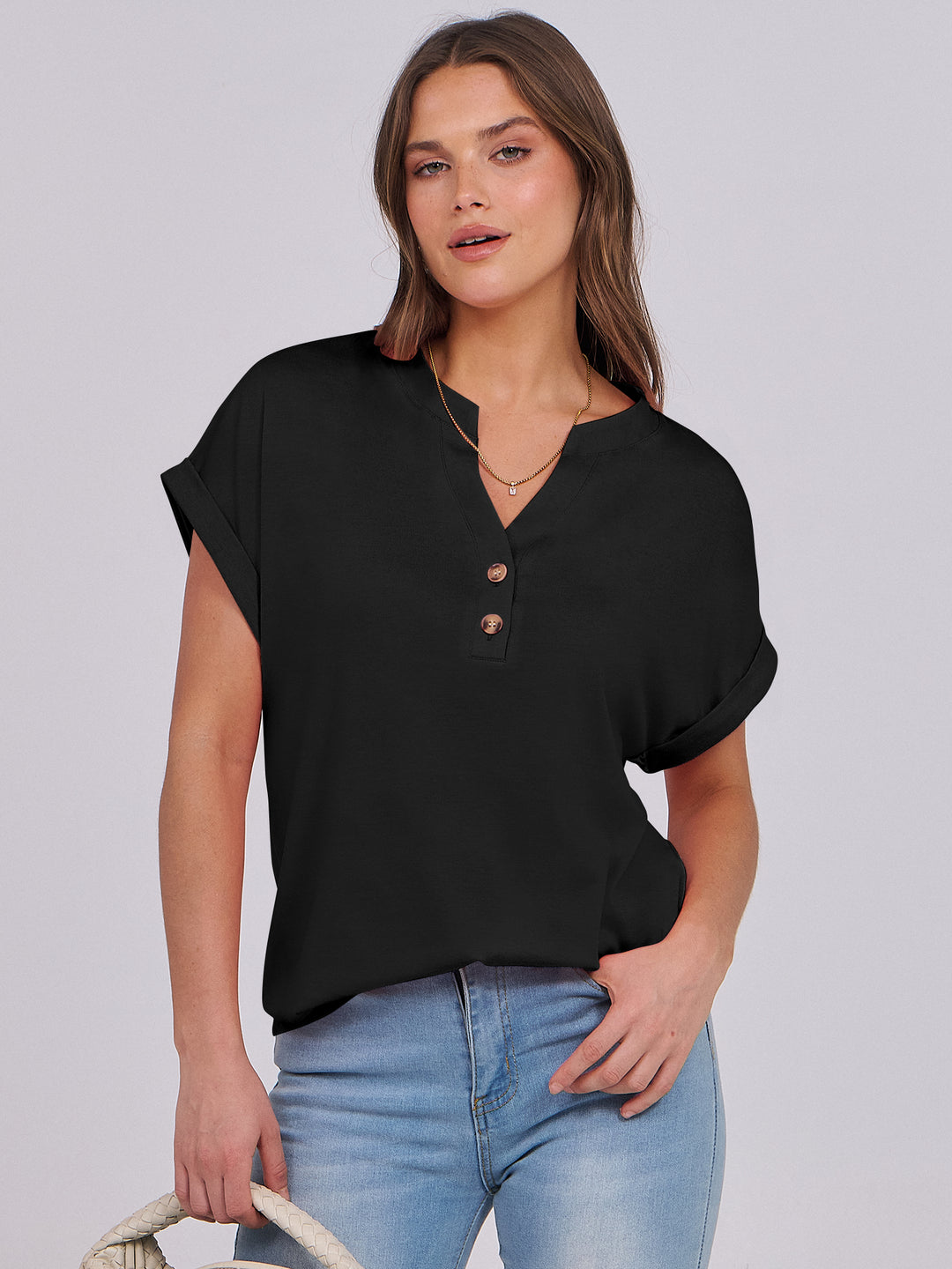ANRABESS Women's Short Sleeve V-Neck Henley Top