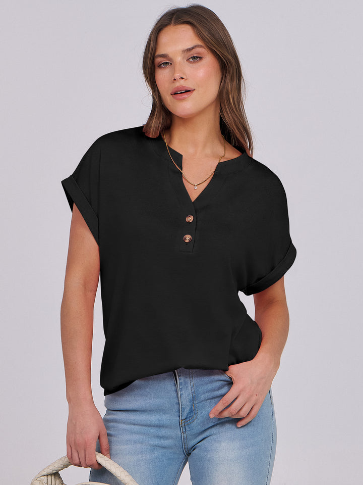 ANRABESS Women's Short Sleeve V-Neck Henley Top