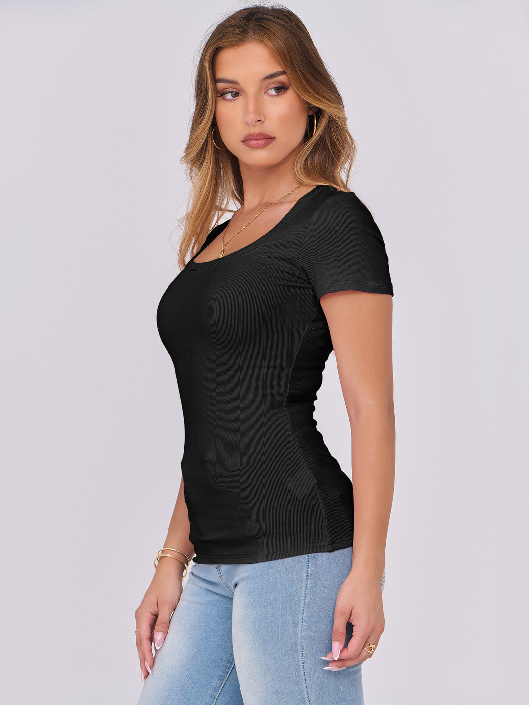 ANRABESS Women's Ribbed Scoop Neck Slim Fit Tee