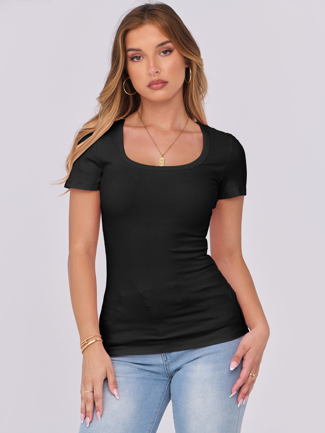 ANRABESS Women's Ribbed Scoop Neck Slim Fit Tee