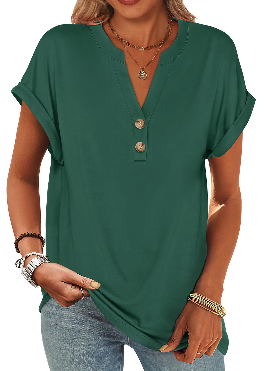 ANRABESS Women's Short Sleeve V-Neck Henley Top