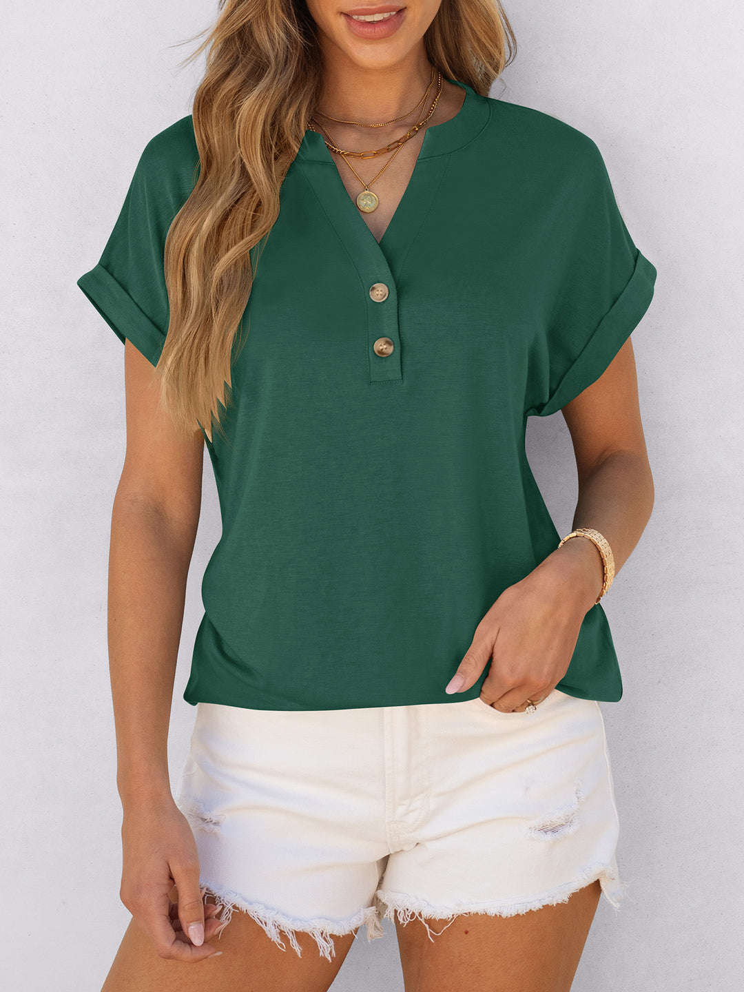 ANRABESS Women's Short Sleeve V-Neck Henley Top