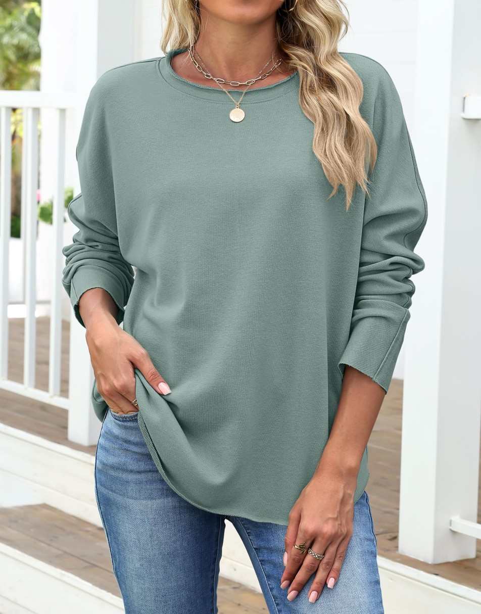 ANRABESS 2025 Fall Fashion Sweatshirt for Women Raw Edges Long Sleeve Shirts Crewneck Loose Fit Curve Hem Pullover Tops