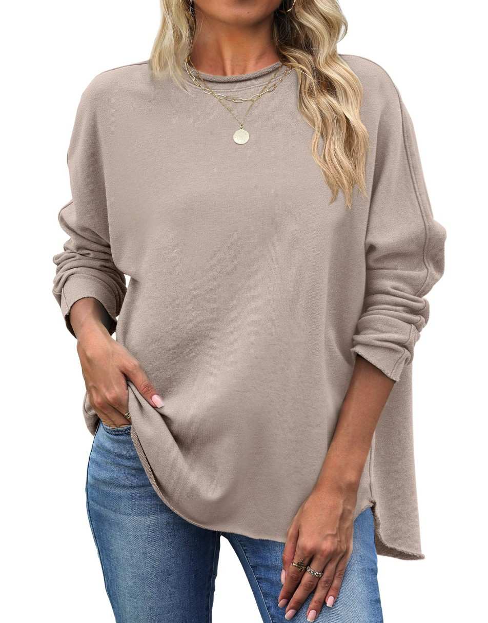ANRABESS 2025 Fall Fashion Sweatshirt for Women Raw Edges Long Sleeve Shirts Crewneck Loose Fit Curve Hem Pullover Tops